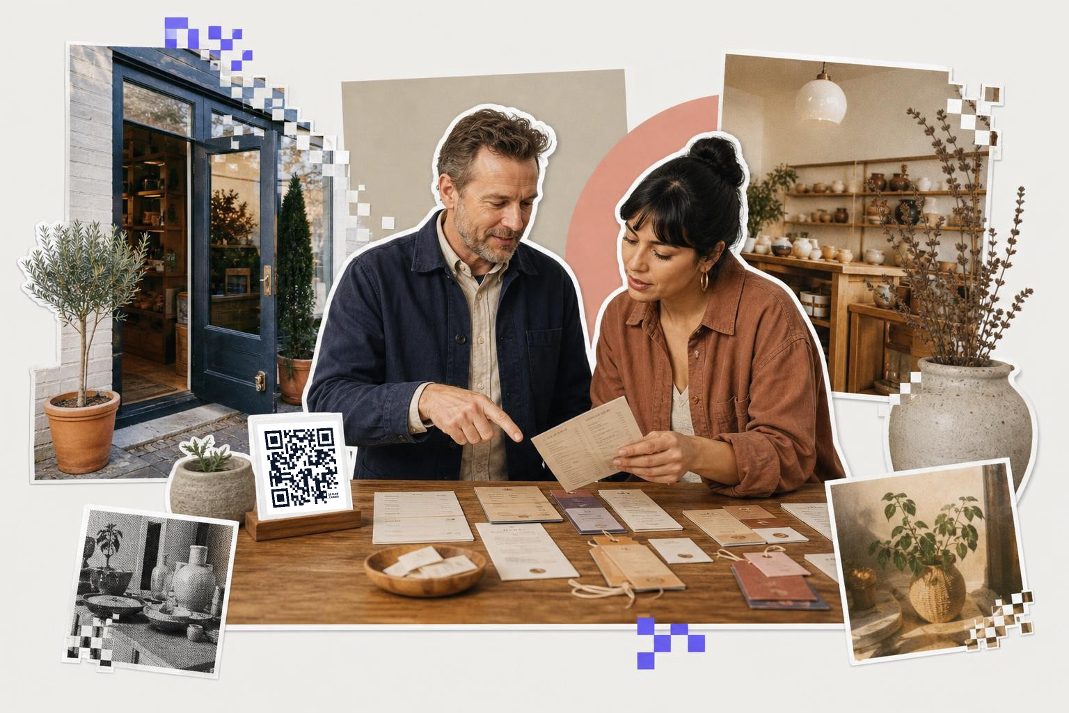 Two people examining papers at a table with a QR code stand and various plant images around.