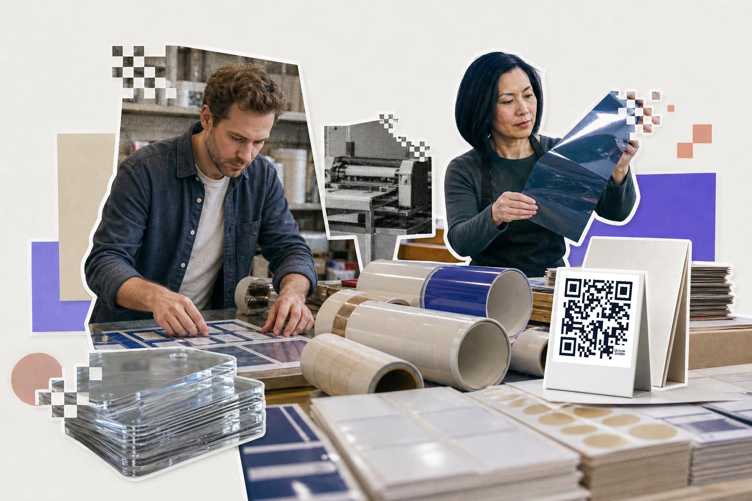 Two people working with printing materials and a QR code card on a table in a workshop.