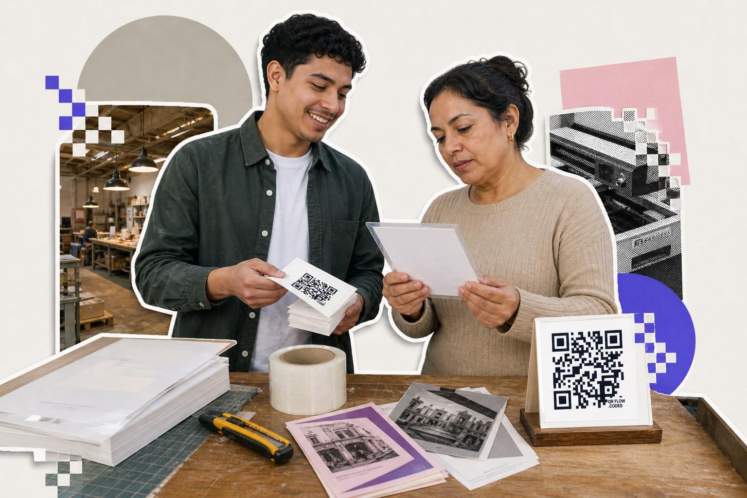 Two people in a workshop examining printed materials with a QR code on a card nearby.
