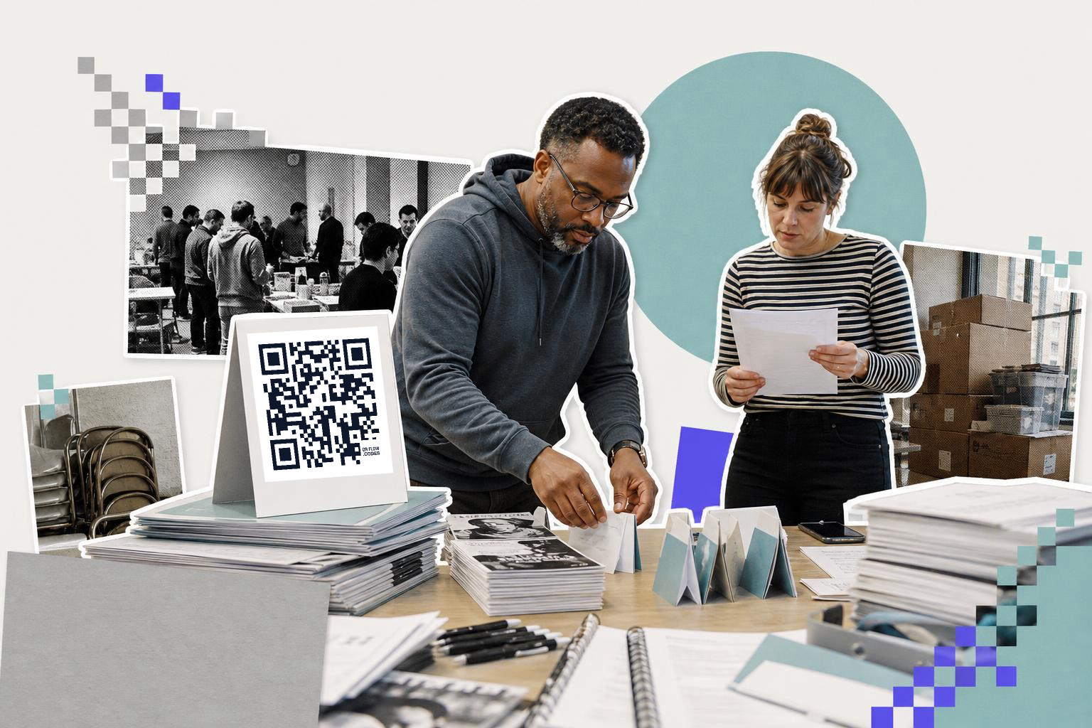 Two people organizing papers at a table with a QR code sign and boxes in the background.