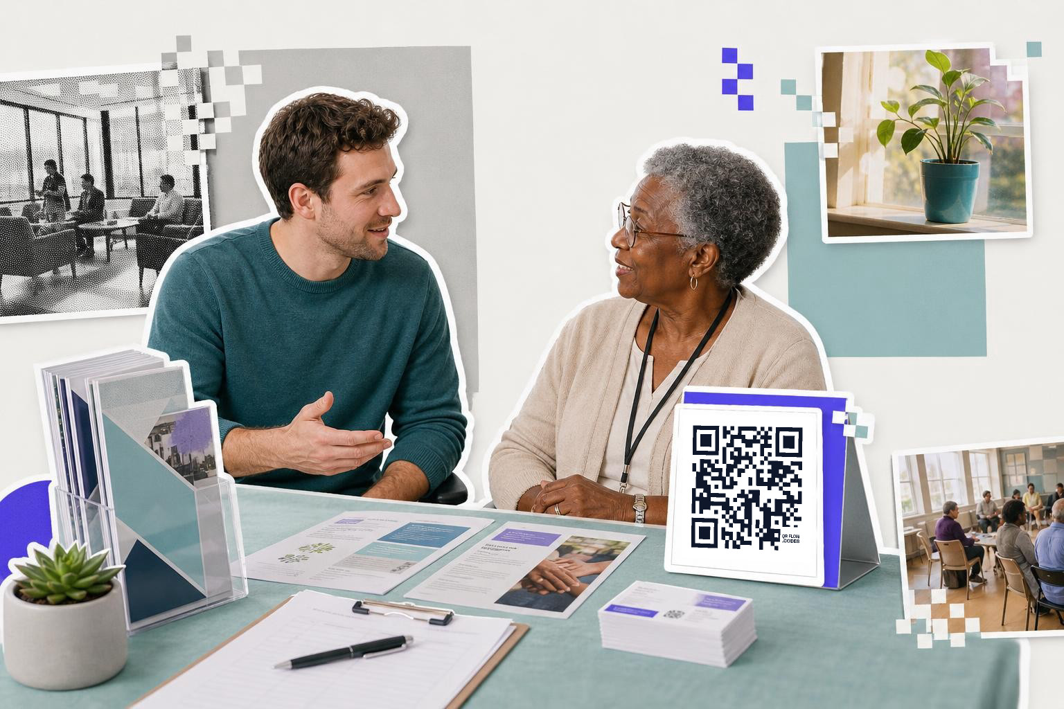 Two people sitting at a table with brochures and a QR code card, discussing something.
