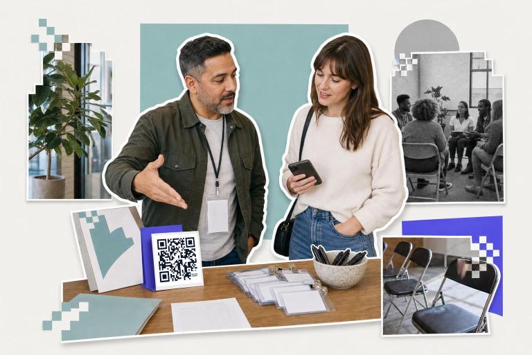 Two people at a table with a QR code card discussing a telegram invite link, surrounded by various cut-out images.