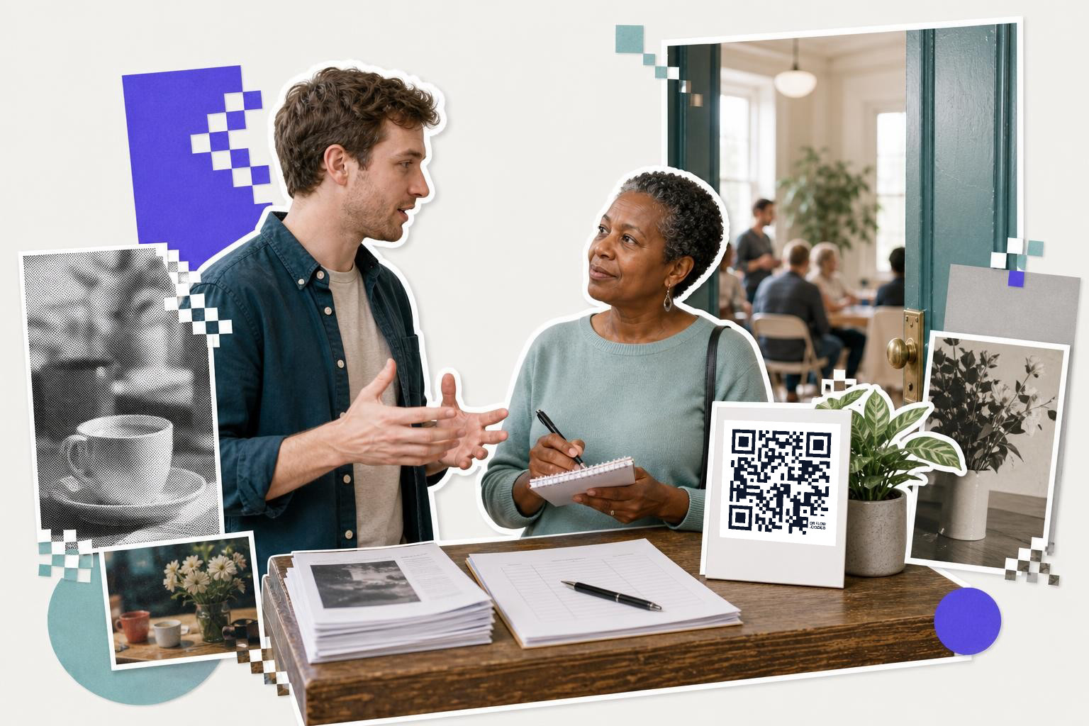 Two people talking at a table with a QR code card and papers, in a room with others in background.