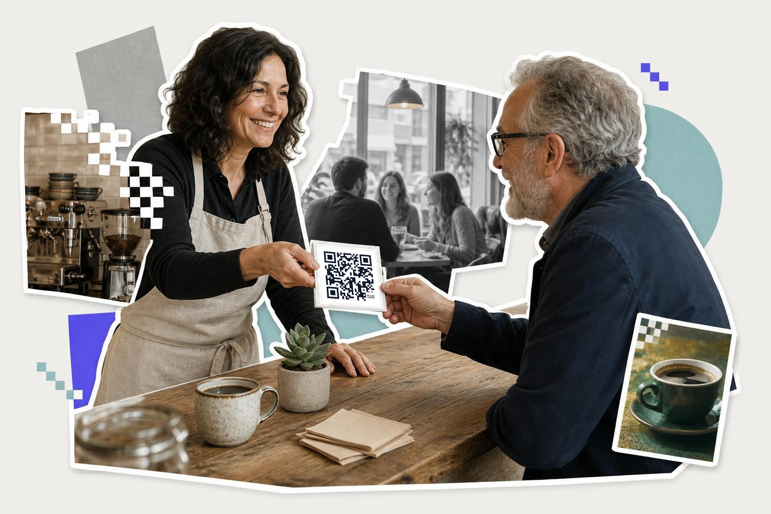 Woman in apron hands QR code card to seated man in cafe setting with coffee cups.