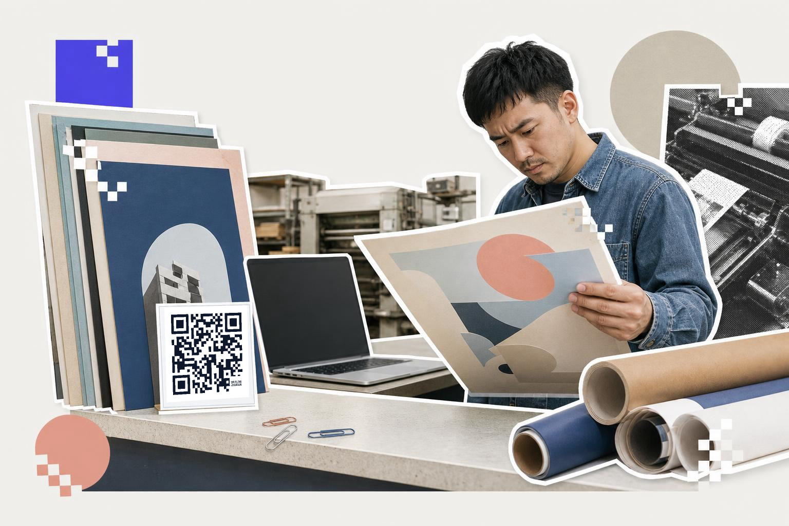 Man checks a poster proof in a print shop with a printed QR code card on the counter and a laptop nearby