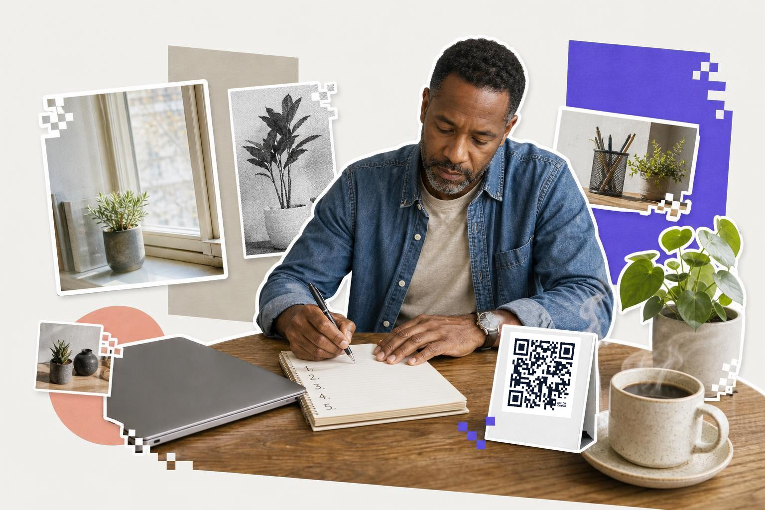 Man writing in a notebook at a table with a QR code card, plants, and a coffee cup.