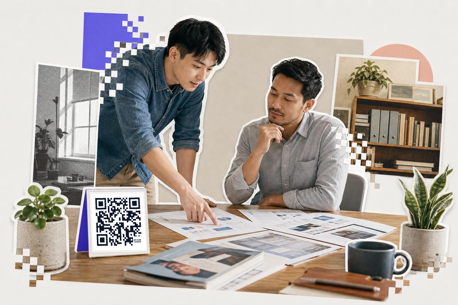 Two men discussing documents at a table with a QR code card and plants nearby.