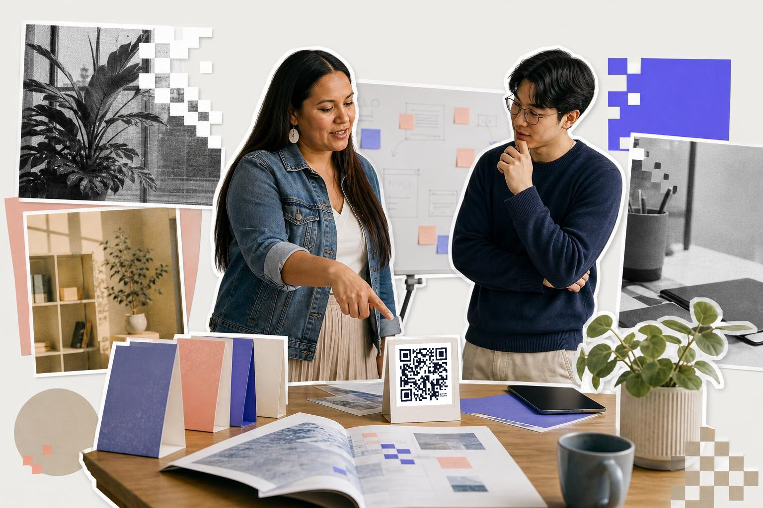 Two people discussing at a table with a QR code card and various documents.