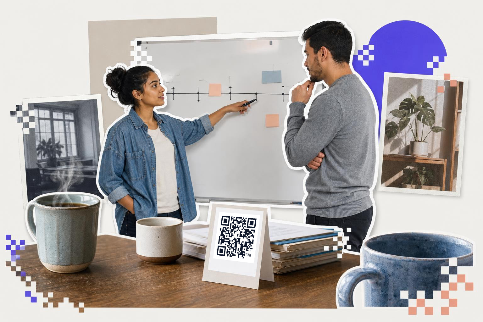 Two people discussing at a whiteboard with a QR code on a table nearby.