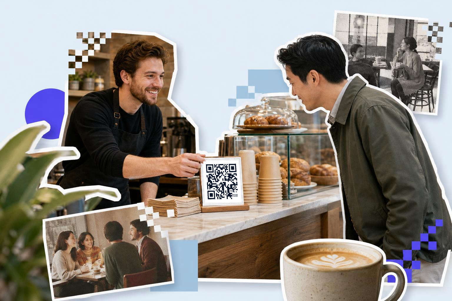 Barista showing QR code to customer at cafe counter with pastries and coffee, vintage photos in background.