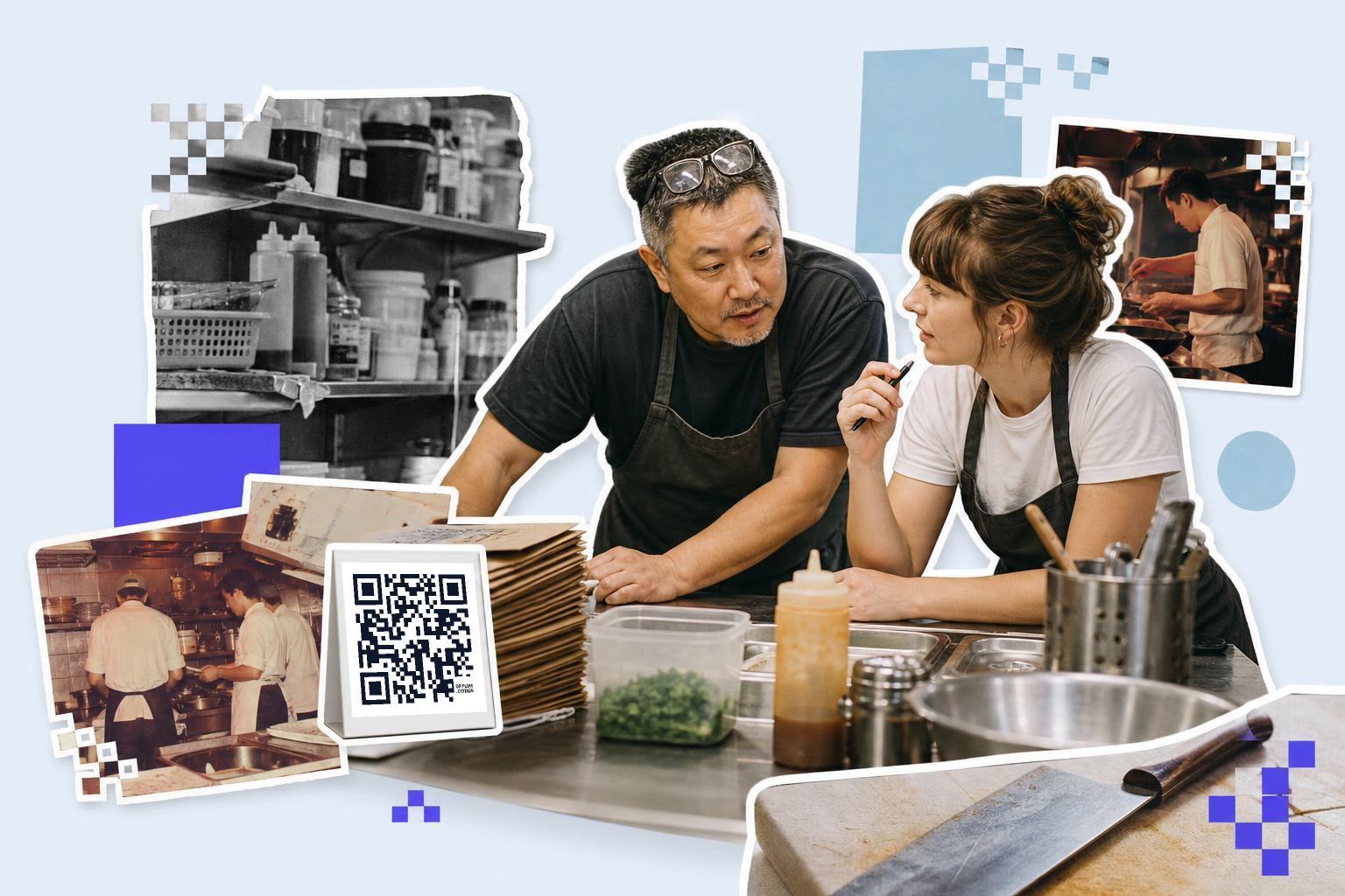 Two chefs in a busy kitchen talking over a prep list, with a printed QR code card propped against a jar on the steel counter