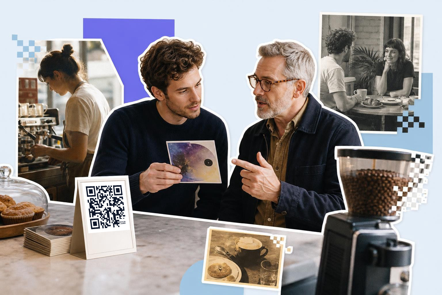 Two men at a cafe table discussing a photo, with a QR code card on the table.