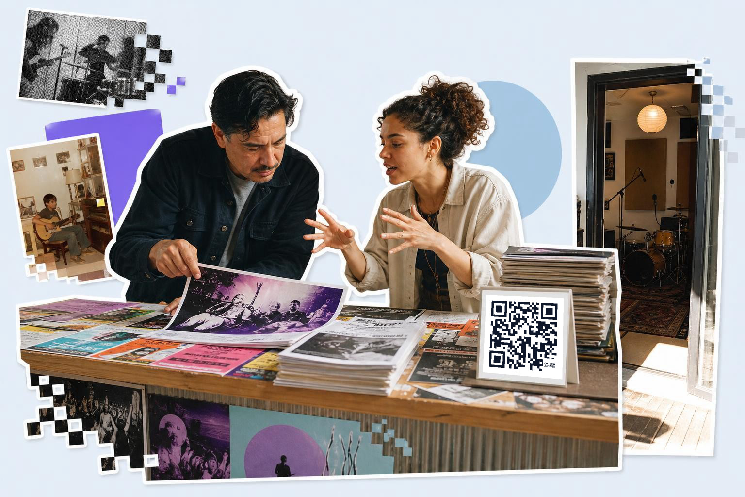 Two people discussing posters at a table with a QR code card and a music studio in the background.