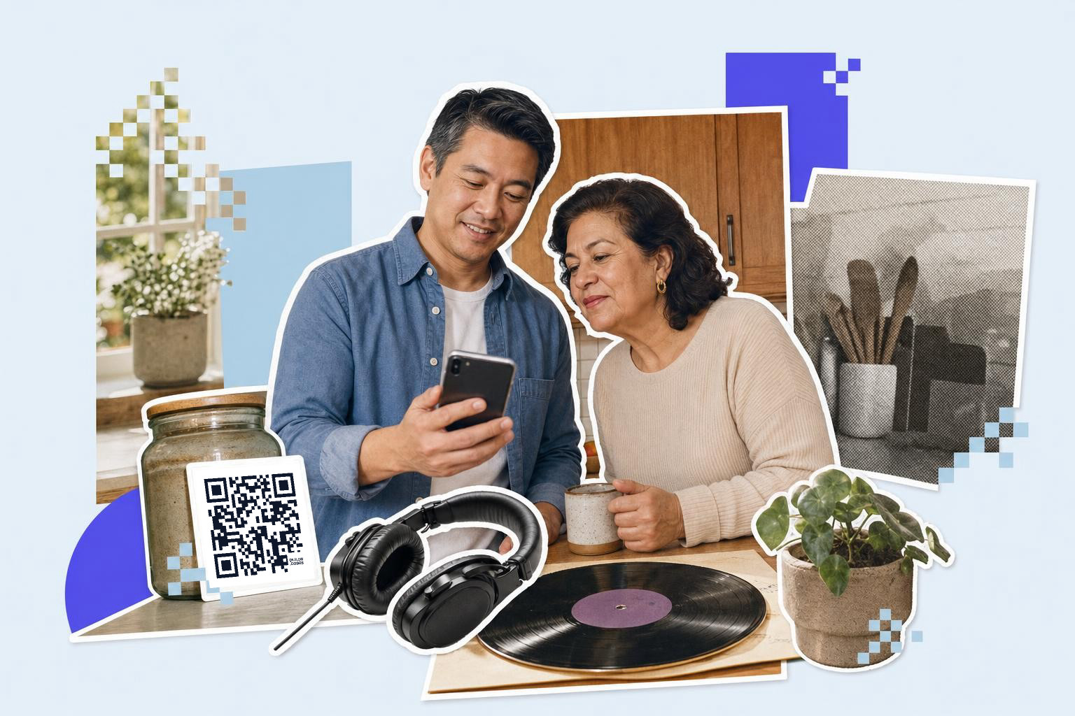 Two people in a kitchen looking at a phone with a QR code card nearby and headphones on a table.