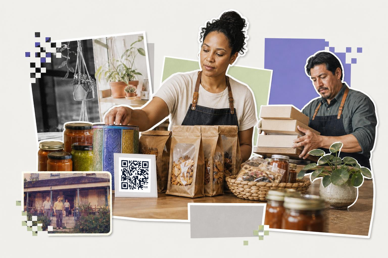 Two people in aprons handling jars and boxes at a wooden table with a QR code card.