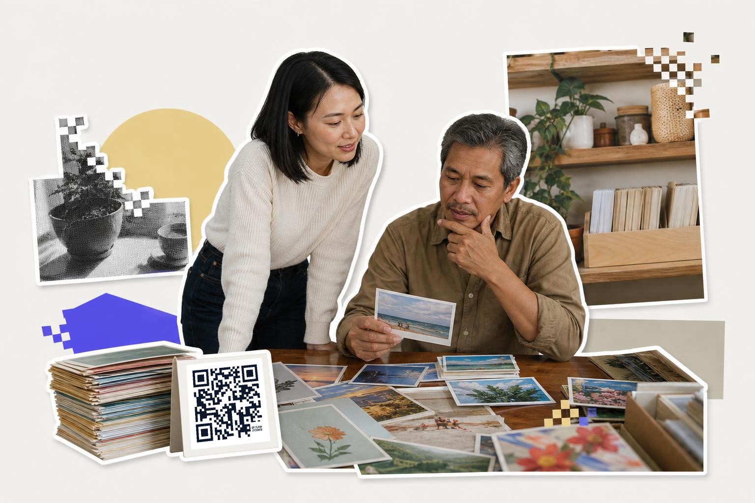 Two people looking at photographs on a table with a QR code card nearby in a cozy room.