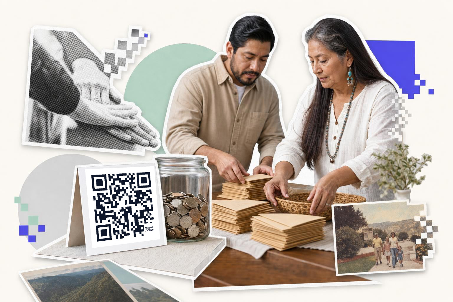Two people organize envelopes near a jar of coins and a qr code for fundraising on a table.