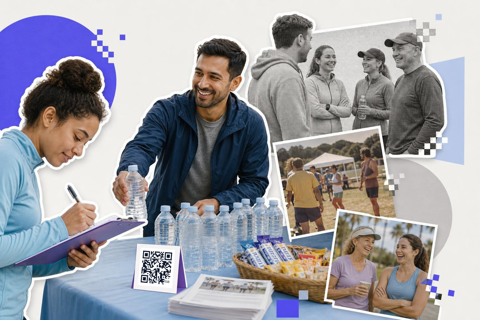 People at an outdoor event with water bottles, snacks, and a QR code on a table.