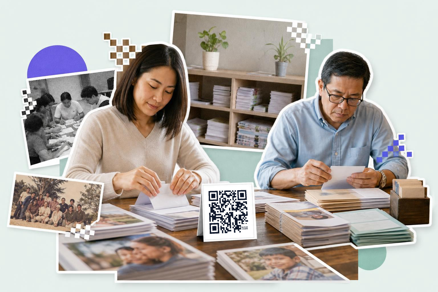 Two people sitting at a table sorting papers with a QR code card in front of them.