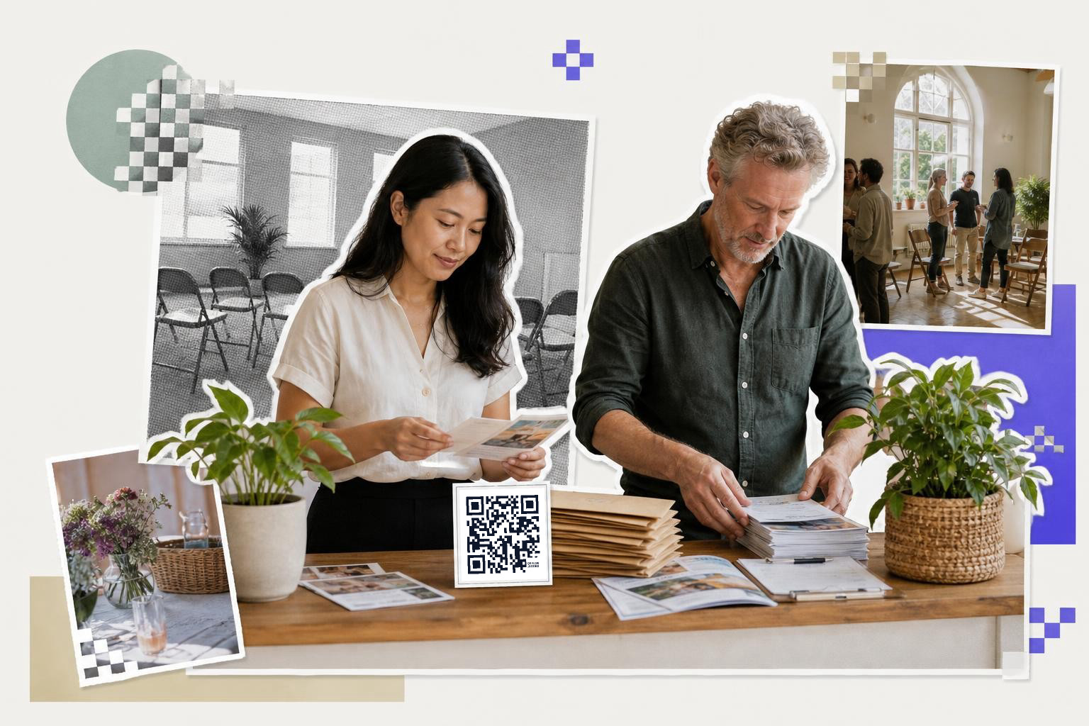 Two people sorting papers at a table with a QR code card and plants, in a collage setting.