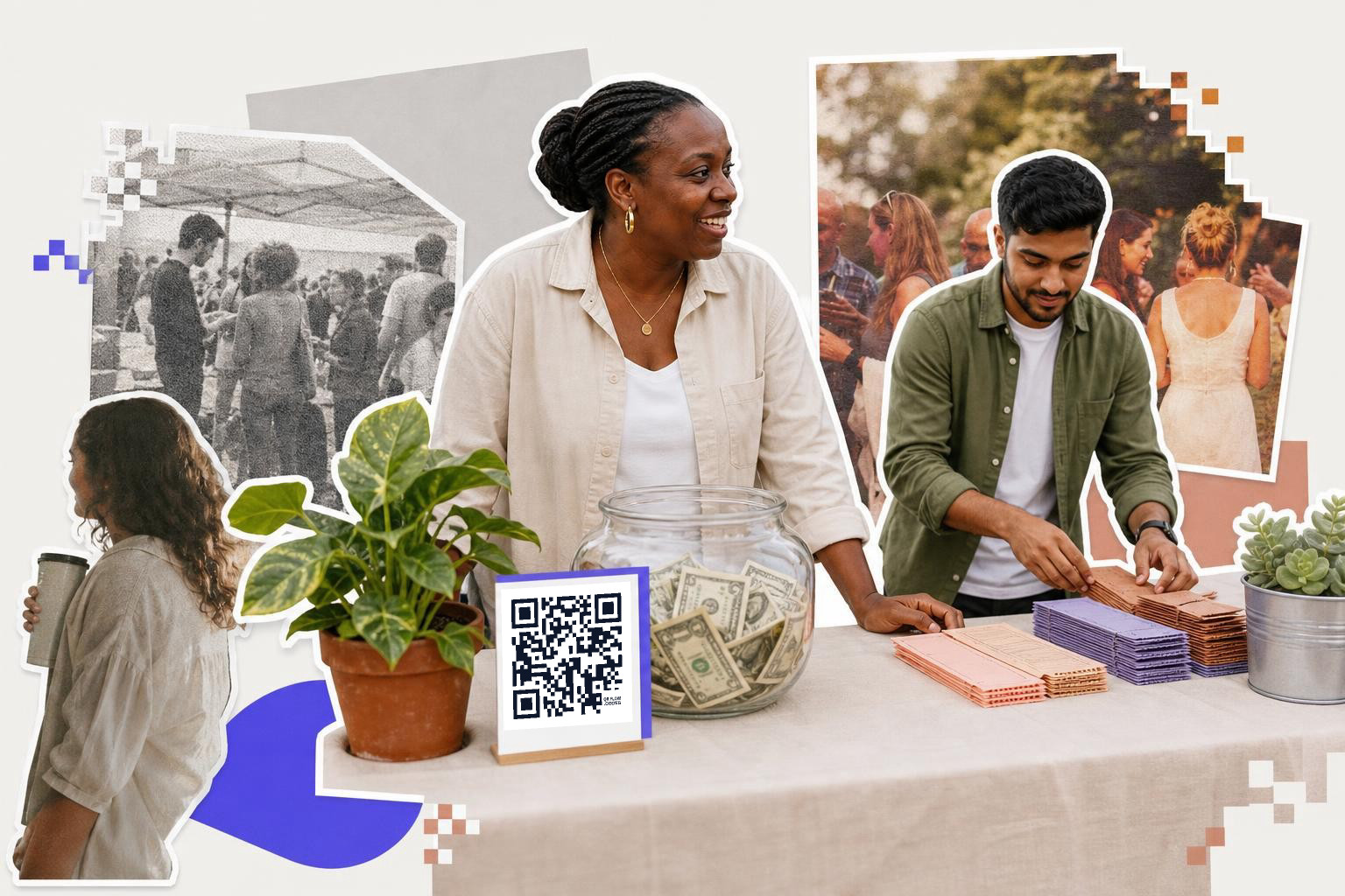 Two people at a table with a QR code, cash jar, and tickets, surrounded by plants and crowd photos.