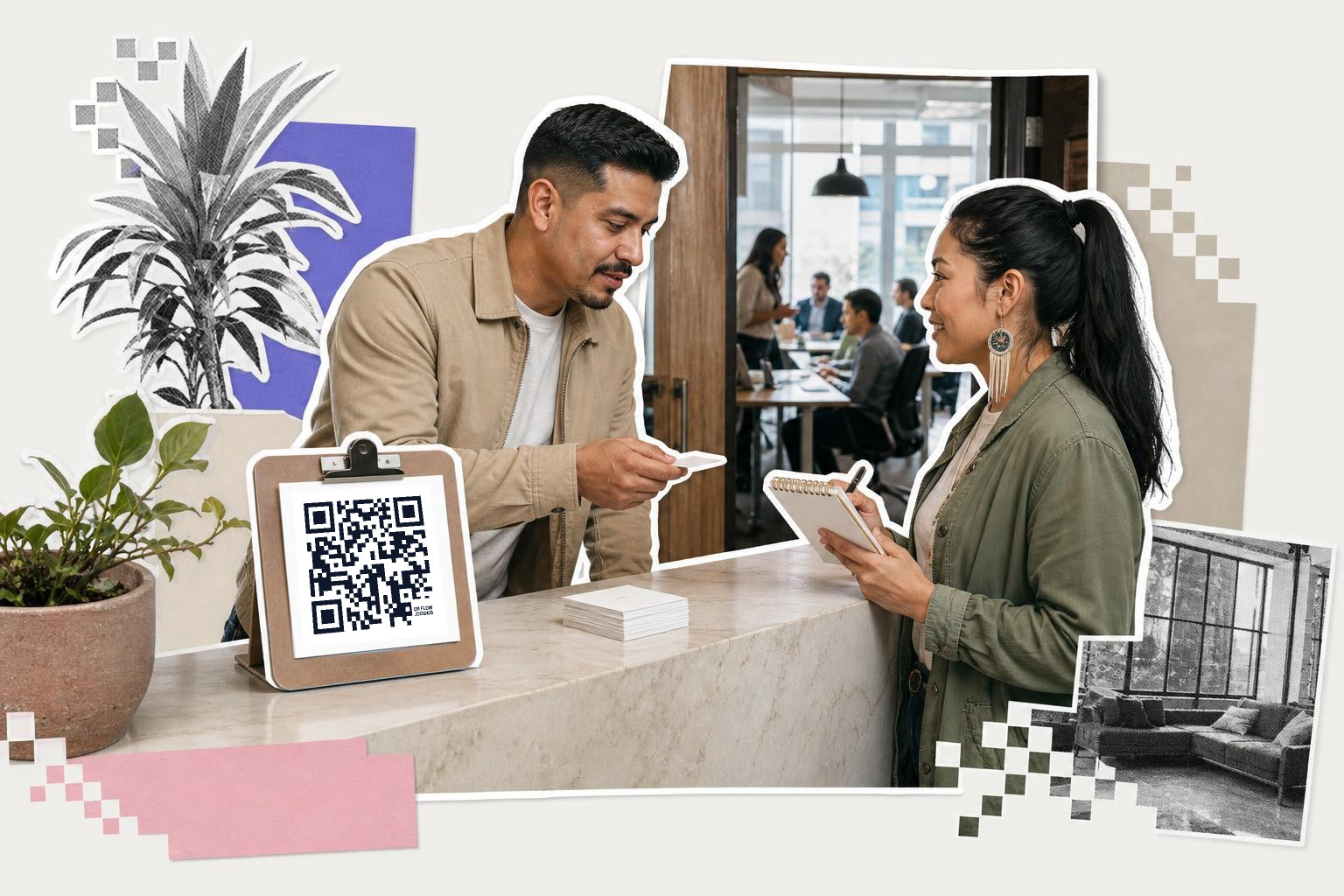 Man hands card to woman with notepad at counter with QR code clipboard, office in background.