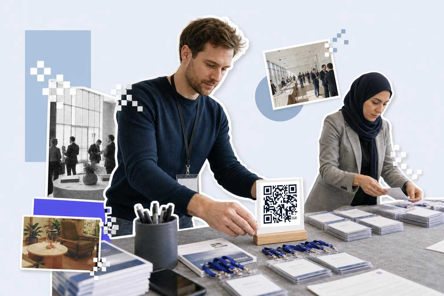 Two people organizing name tags and a QR code card at a conference registration table.
