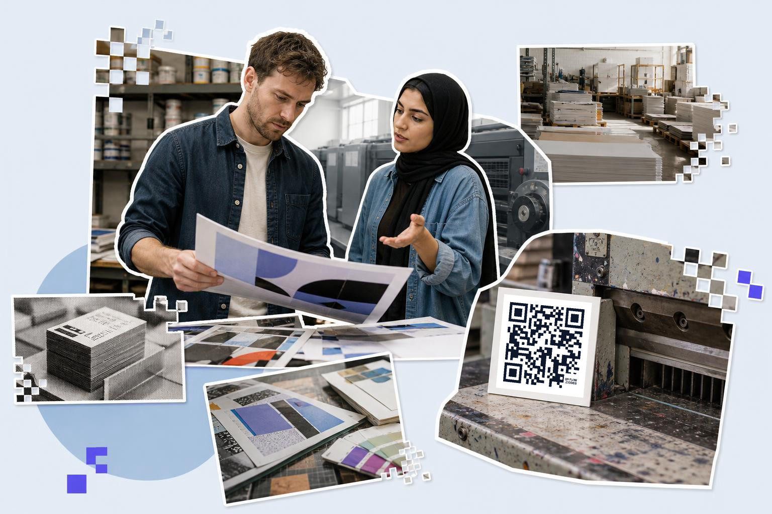 Two people in a print shop examining large sheets with a QR code on a nearby machine.