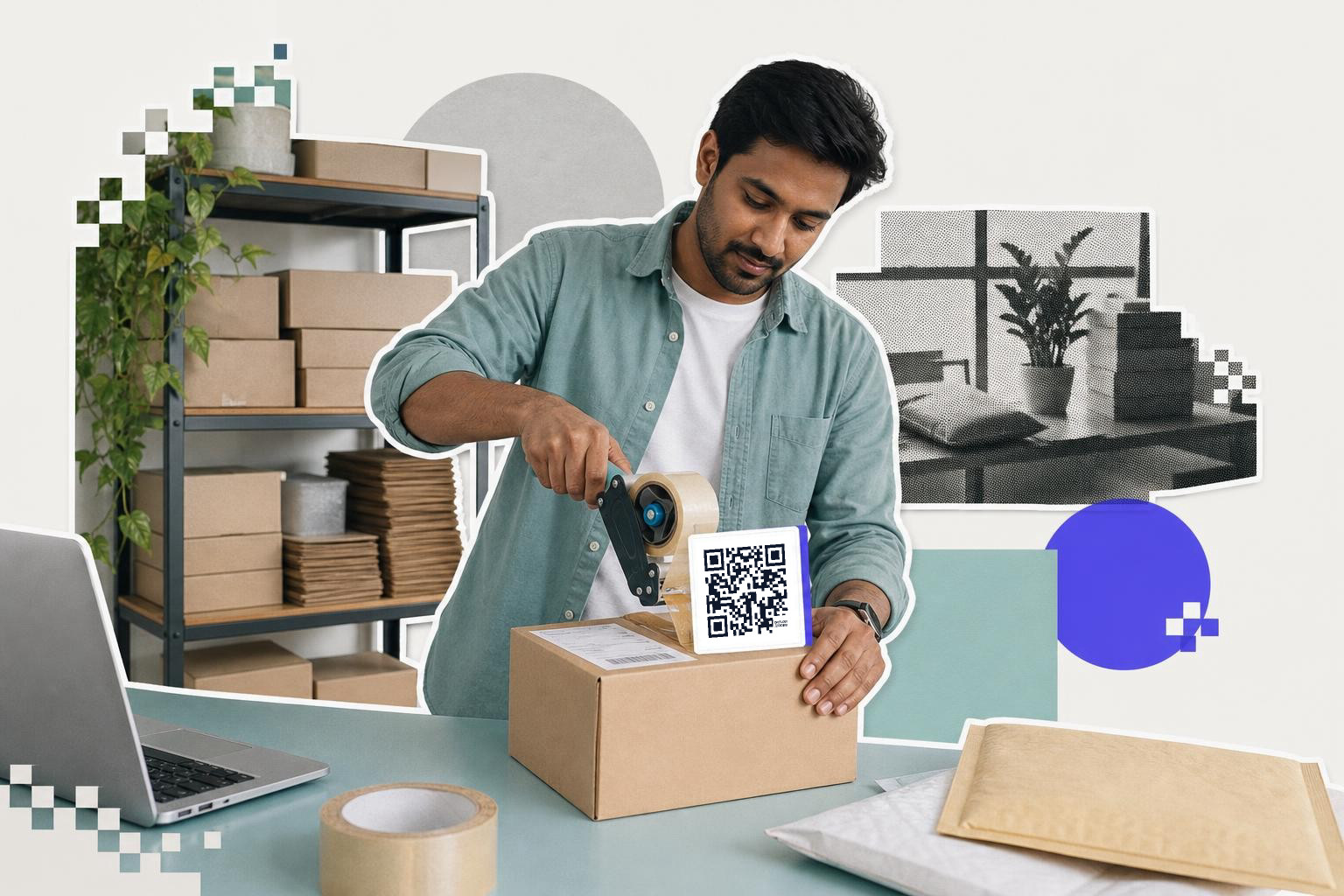Man sealing a cardboard box with tape next to a QR code in a packaging workspace.