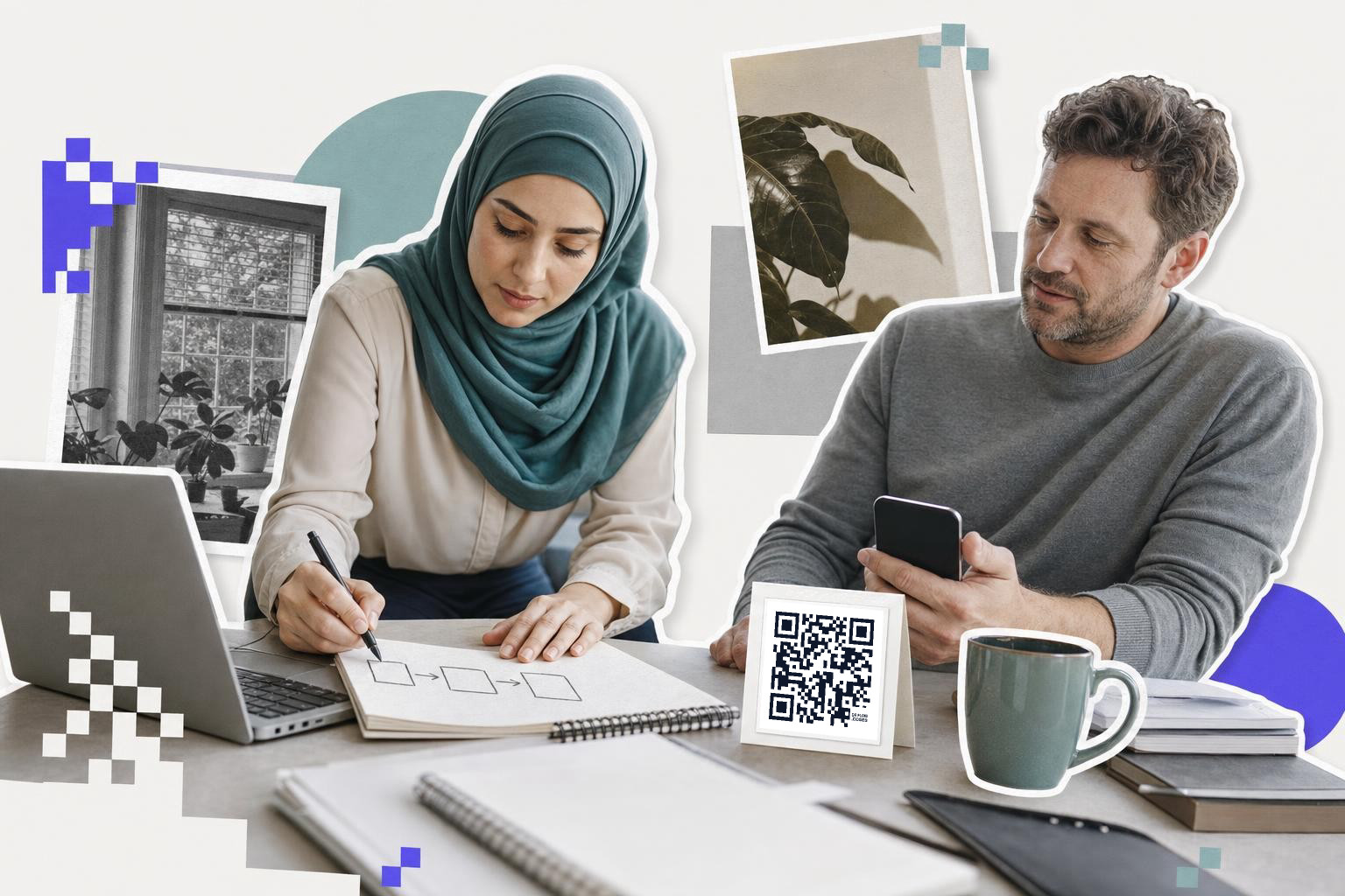 Two people at a table with laptops and a printed QR code card, wiring QR codes in Zapier