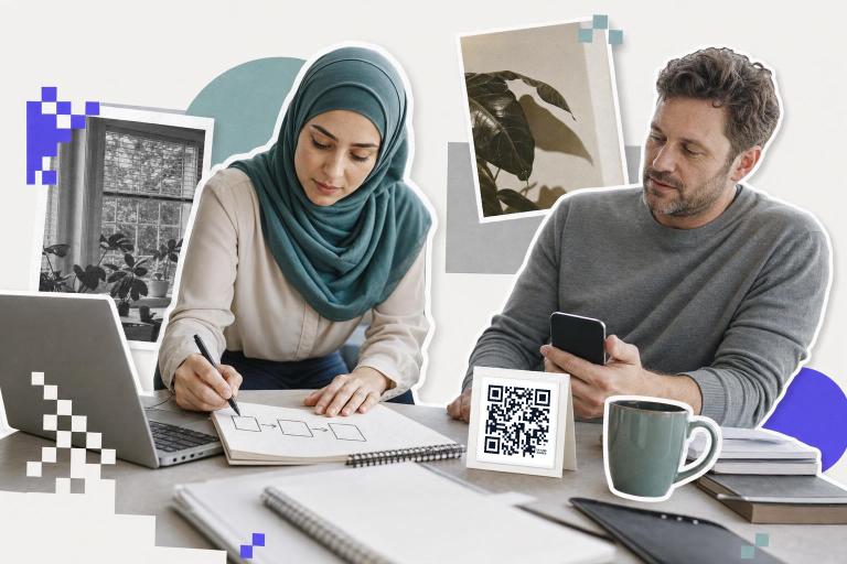 Two people at a table with laptops and a printed QR code card, wiring QR codes in Zapier