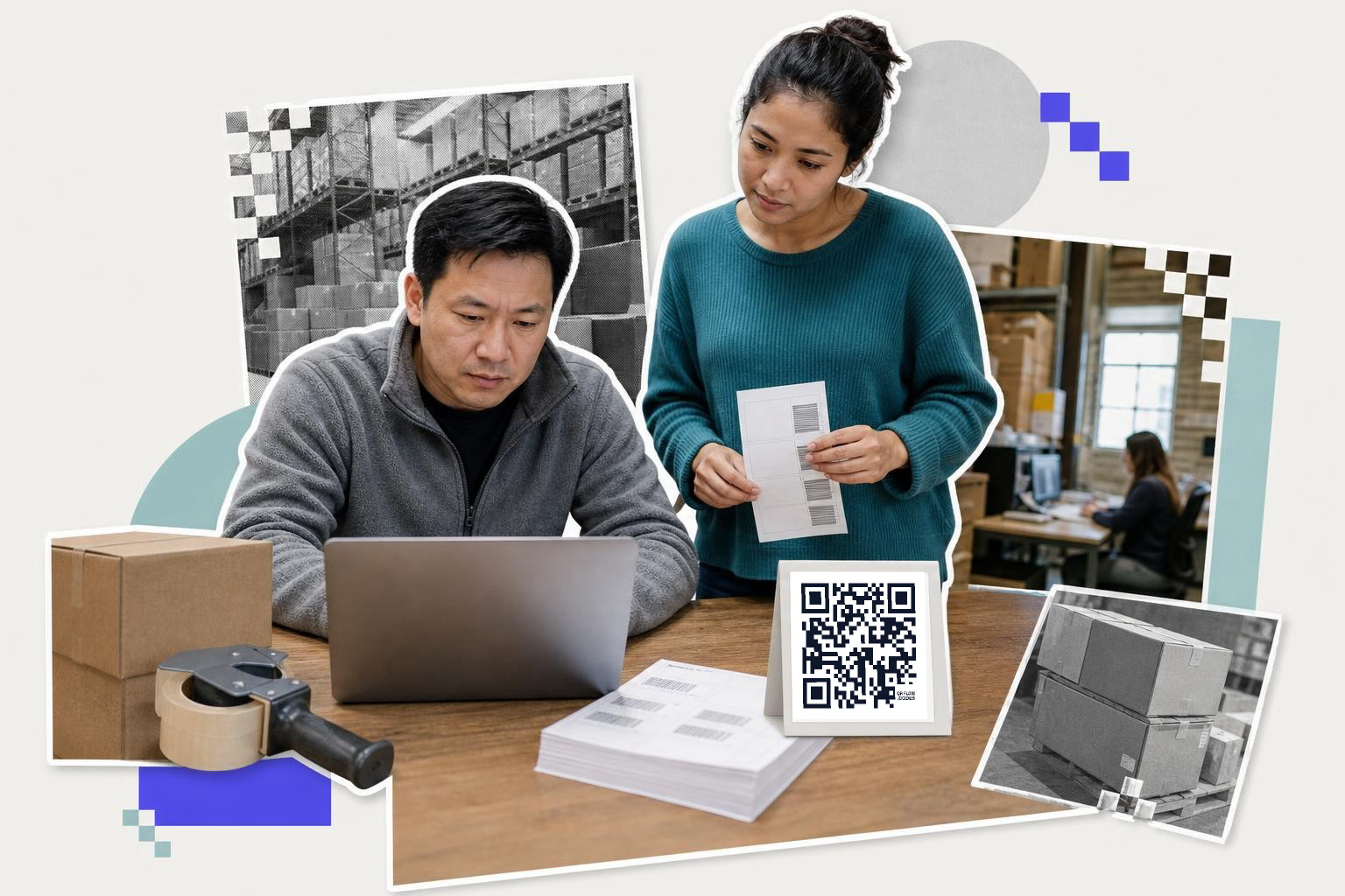 Two people at a warehouse office desk with a laptop and a printed QR code card, shelves behind