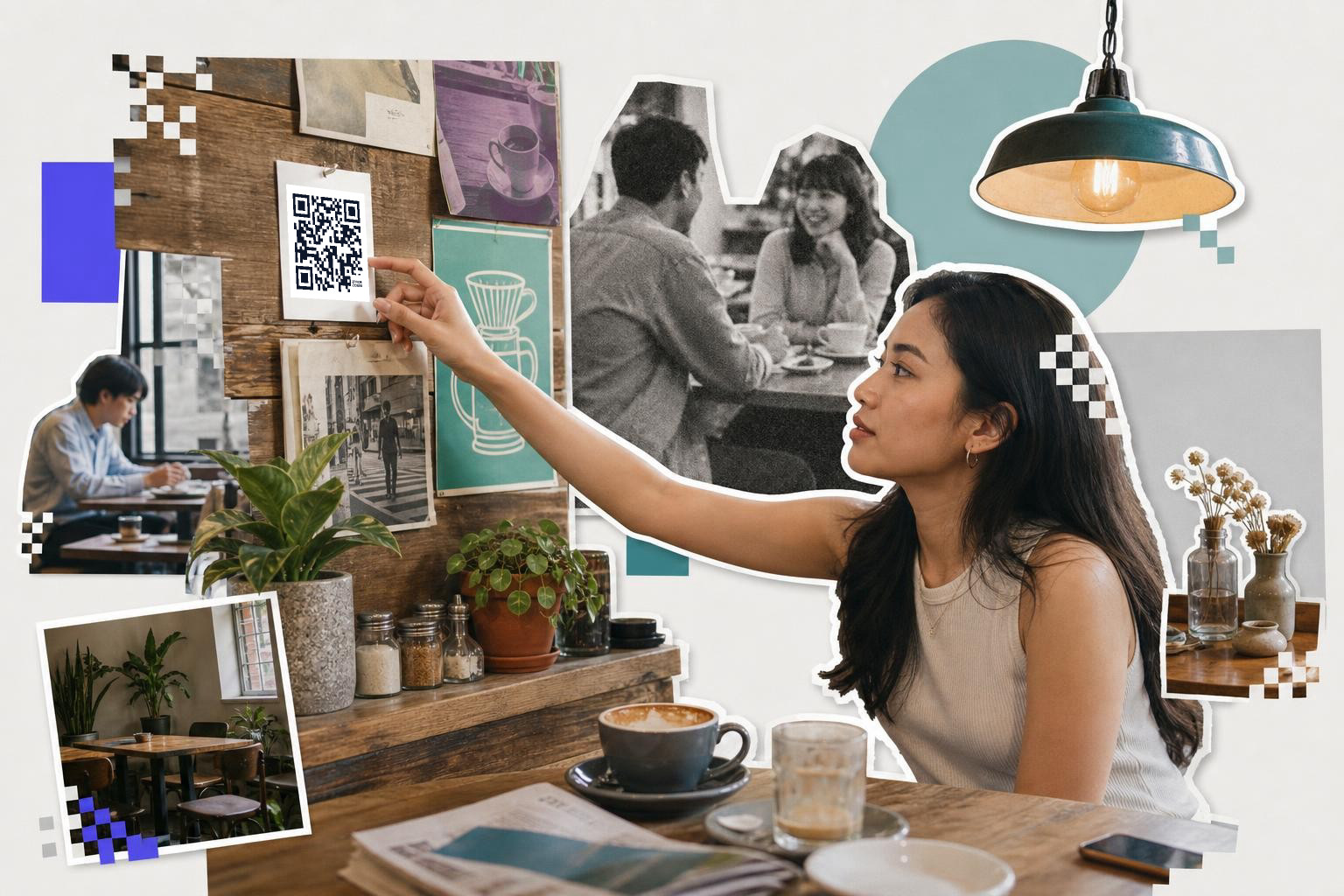 Woman in cafe reaching towards a QR code on a wall with various photos and plants.