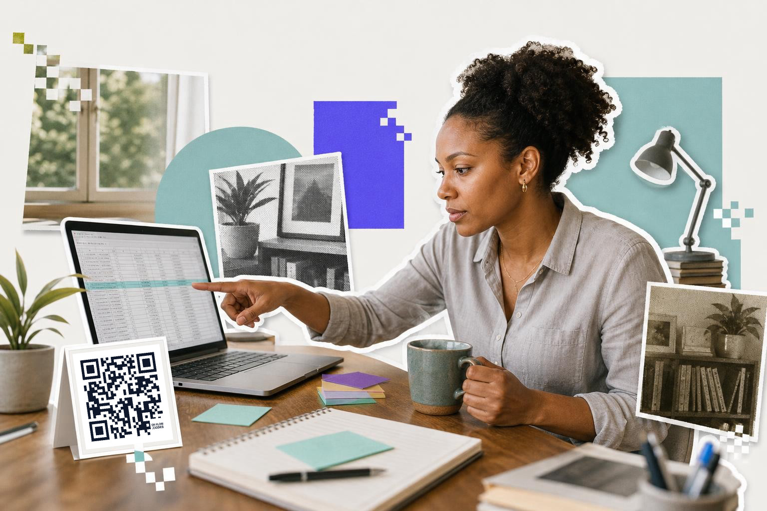 Woman pointing at a spreadsheet on a laptop with a printed QR code card on the desk, a plant and a lamp beside her