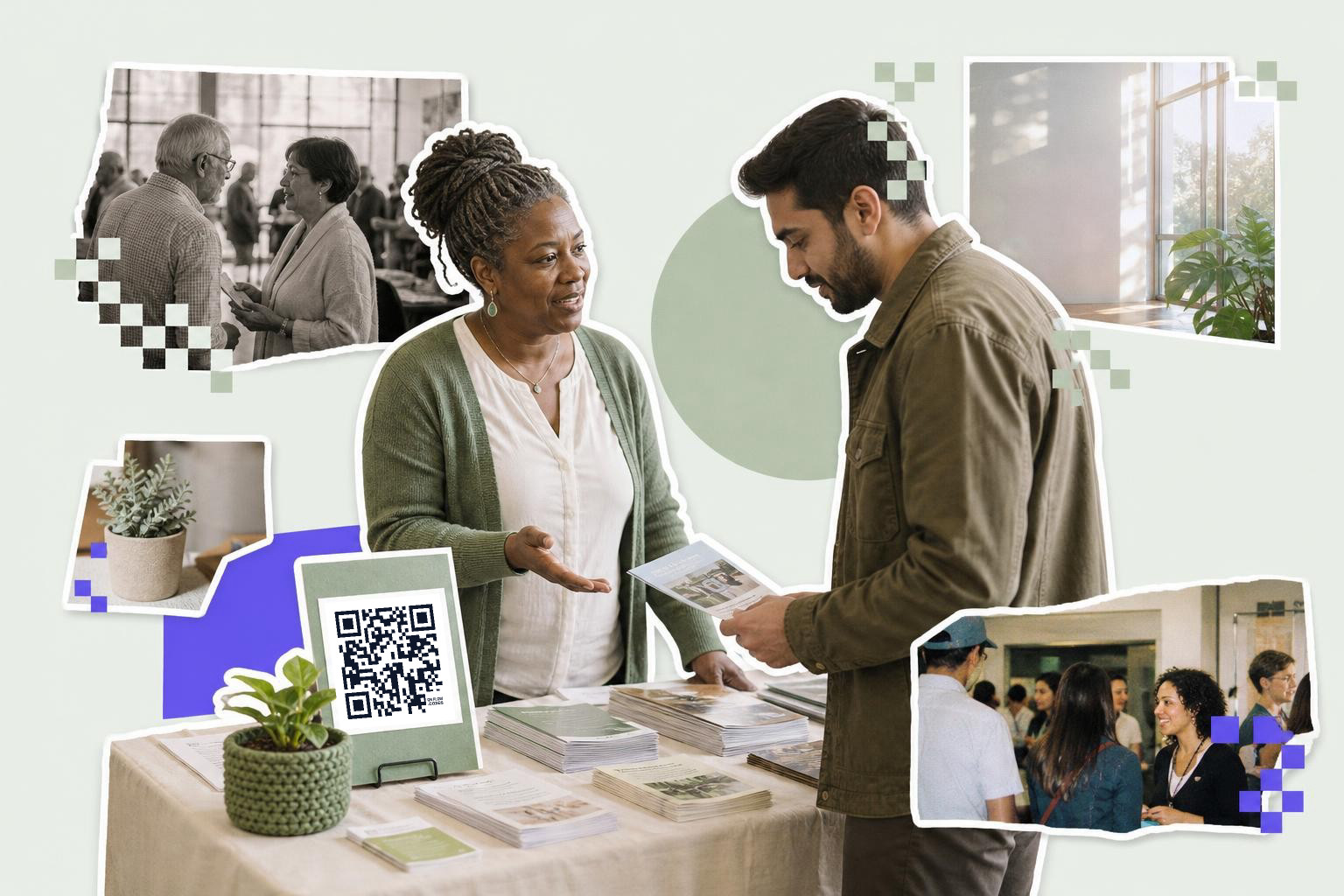 Two people converse at a table with brochures and a QR code card, surrounded by various photos.