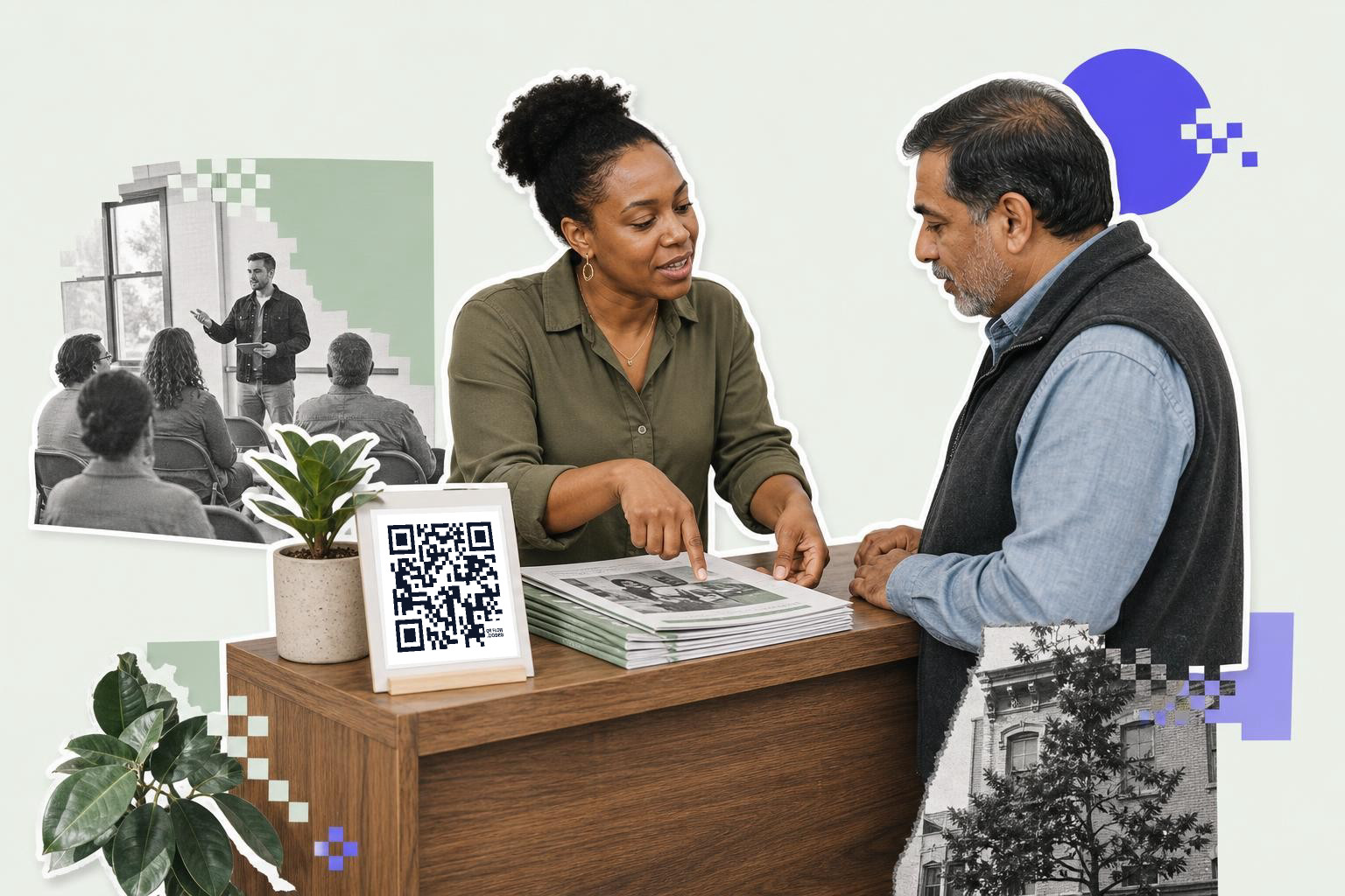 Two people at a counter discussing documents with a QR code displayed on a stand.