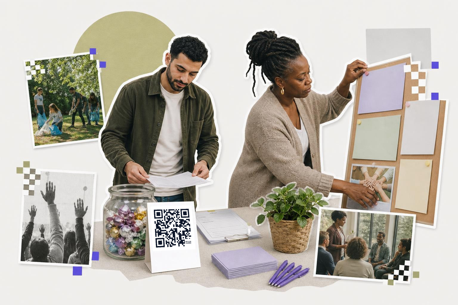 Two people organizing papers and a board with a QR code on a table, surrounded by photos and a plant.