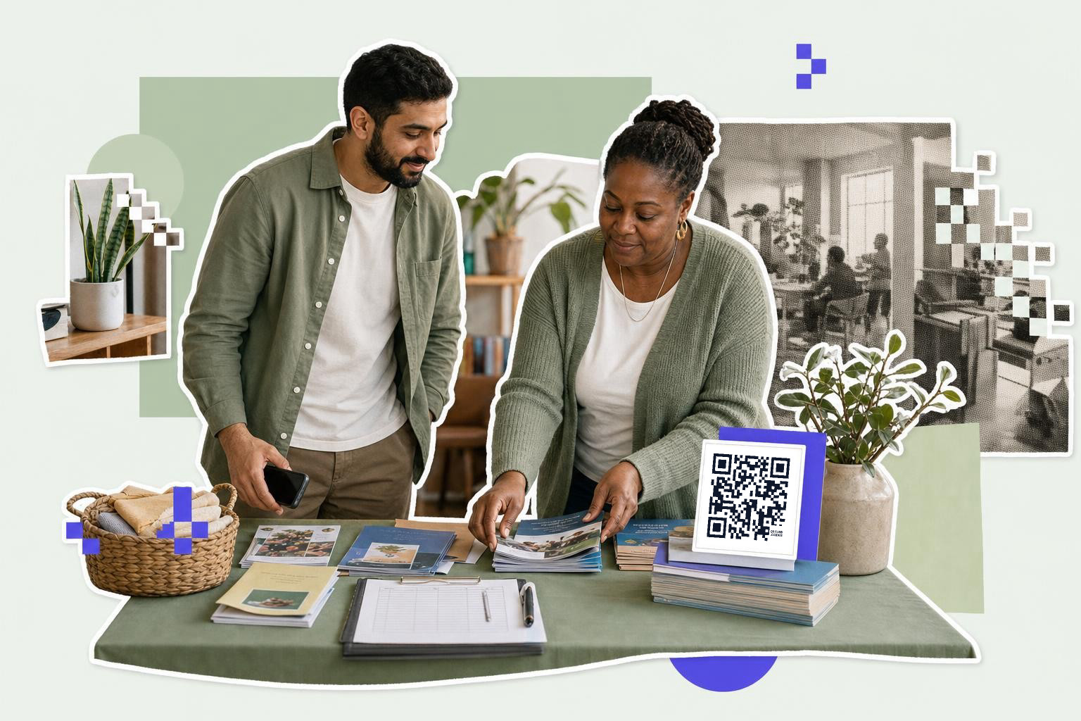 Two people at a table with brochures and a QR code card discussing QR code use in nonprofits.