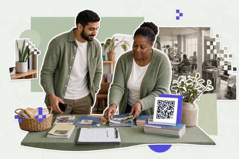 Two people at a table with brochures and a QR code card discussing QR code use in nonprofits.