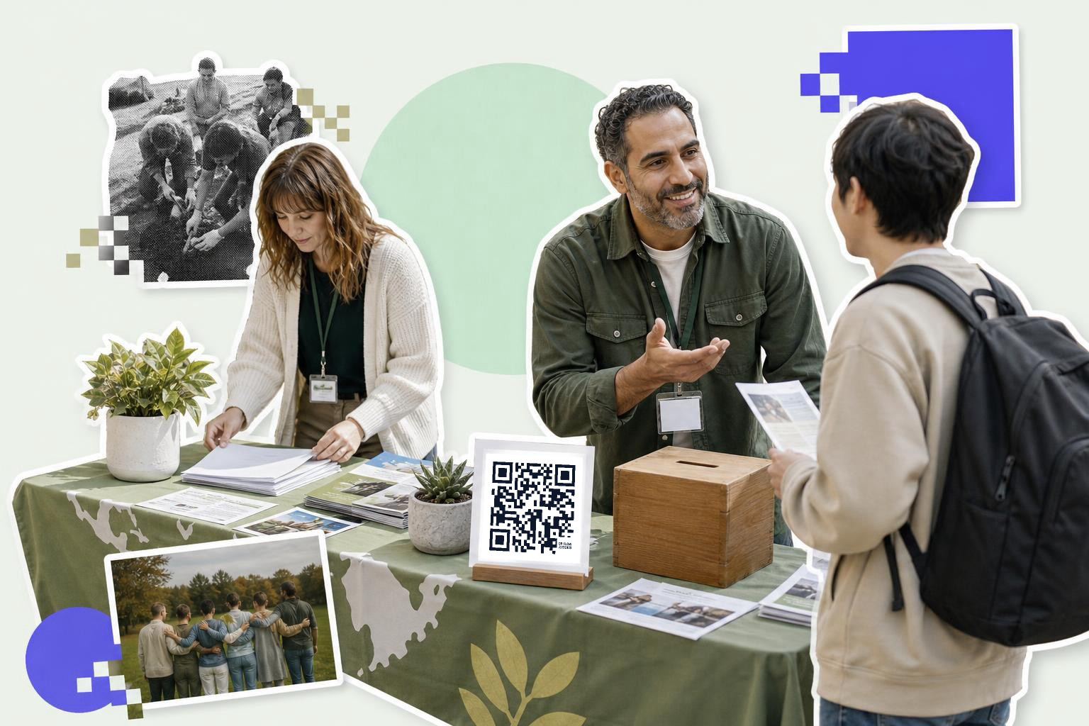 Two people at a table with brochures and a QR code, talking to a visitor with a backpack.