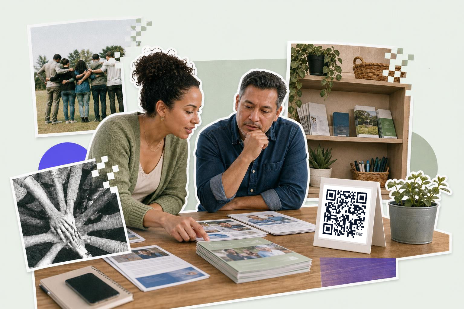 Two people at a table reviewing brochures with a QR code card and plant nearby.
