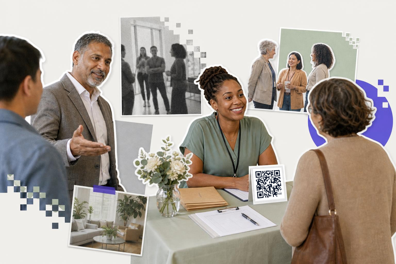 Smiling woman at a table with a QR code card, talking to another person, surrounded by photo cutouts.