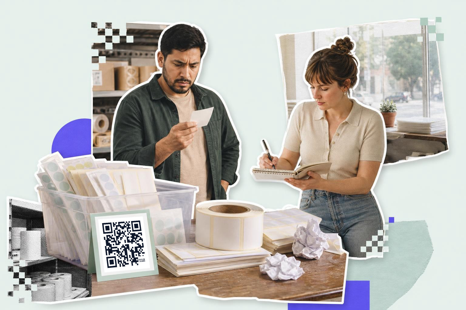 Man examines paper while woman writes in notebook at table with QR code and labels.