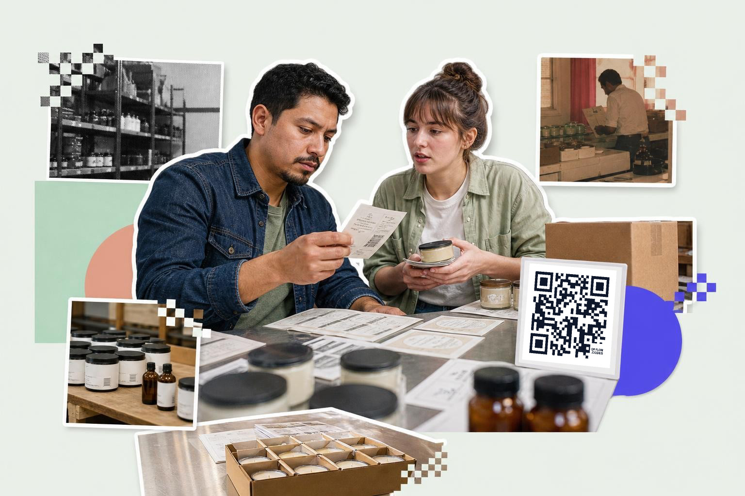 Two people examining product labels at a table with a QR code card and various containers.