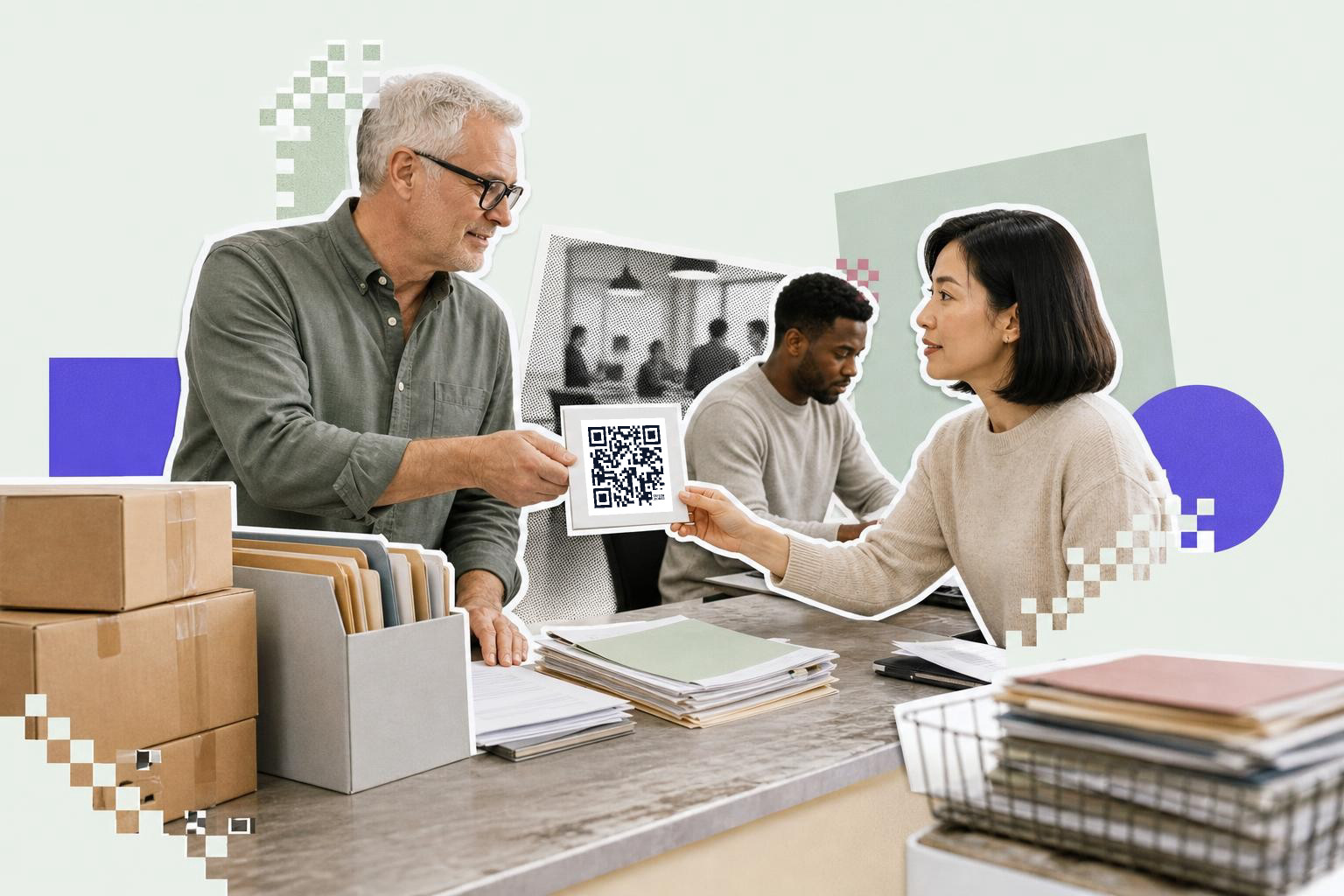 Two people exchanging a QR code card in an office with a third person working nearby.