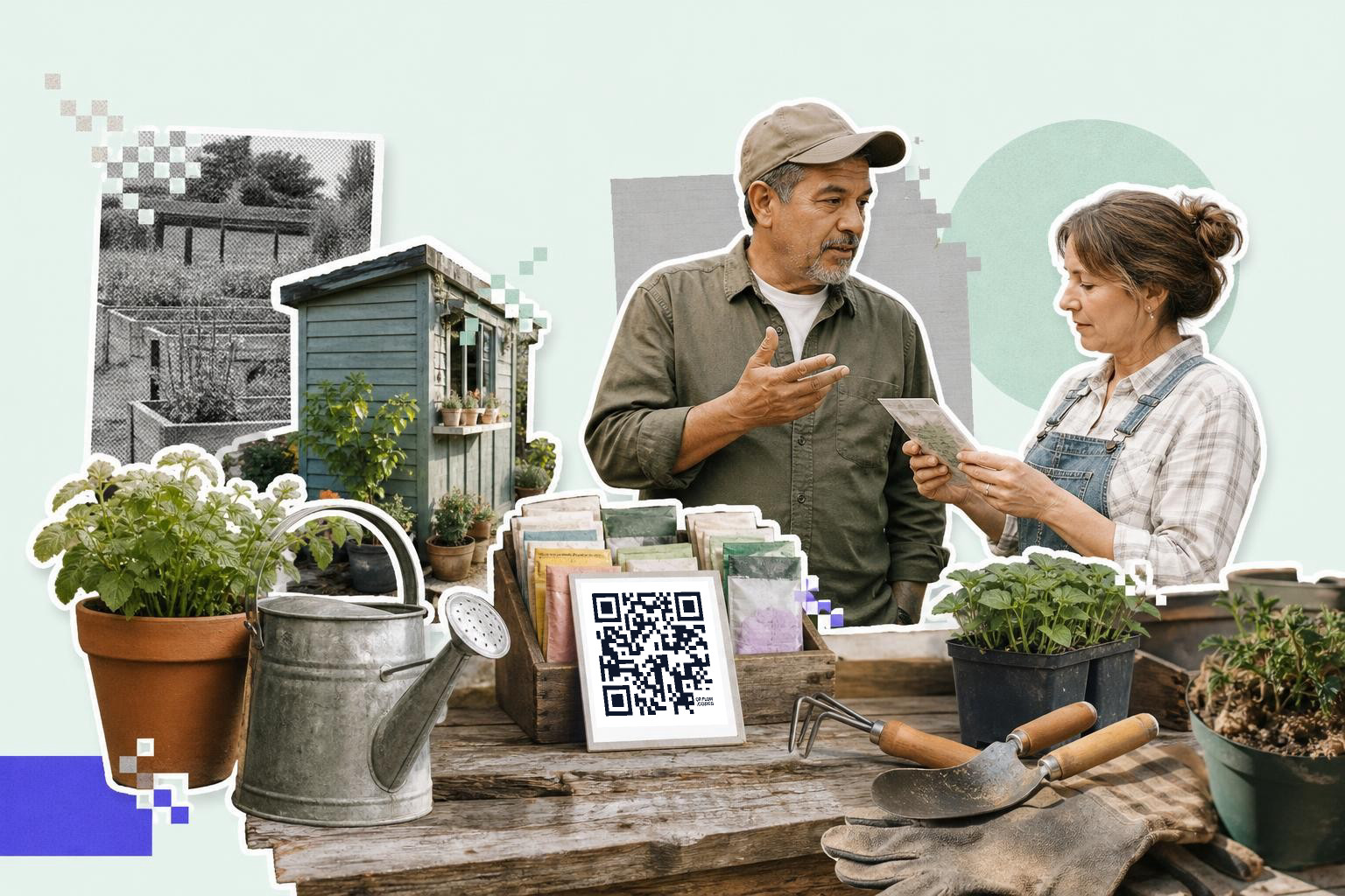 Two people in a garden setting discussing seed packets with a QR code on a table.