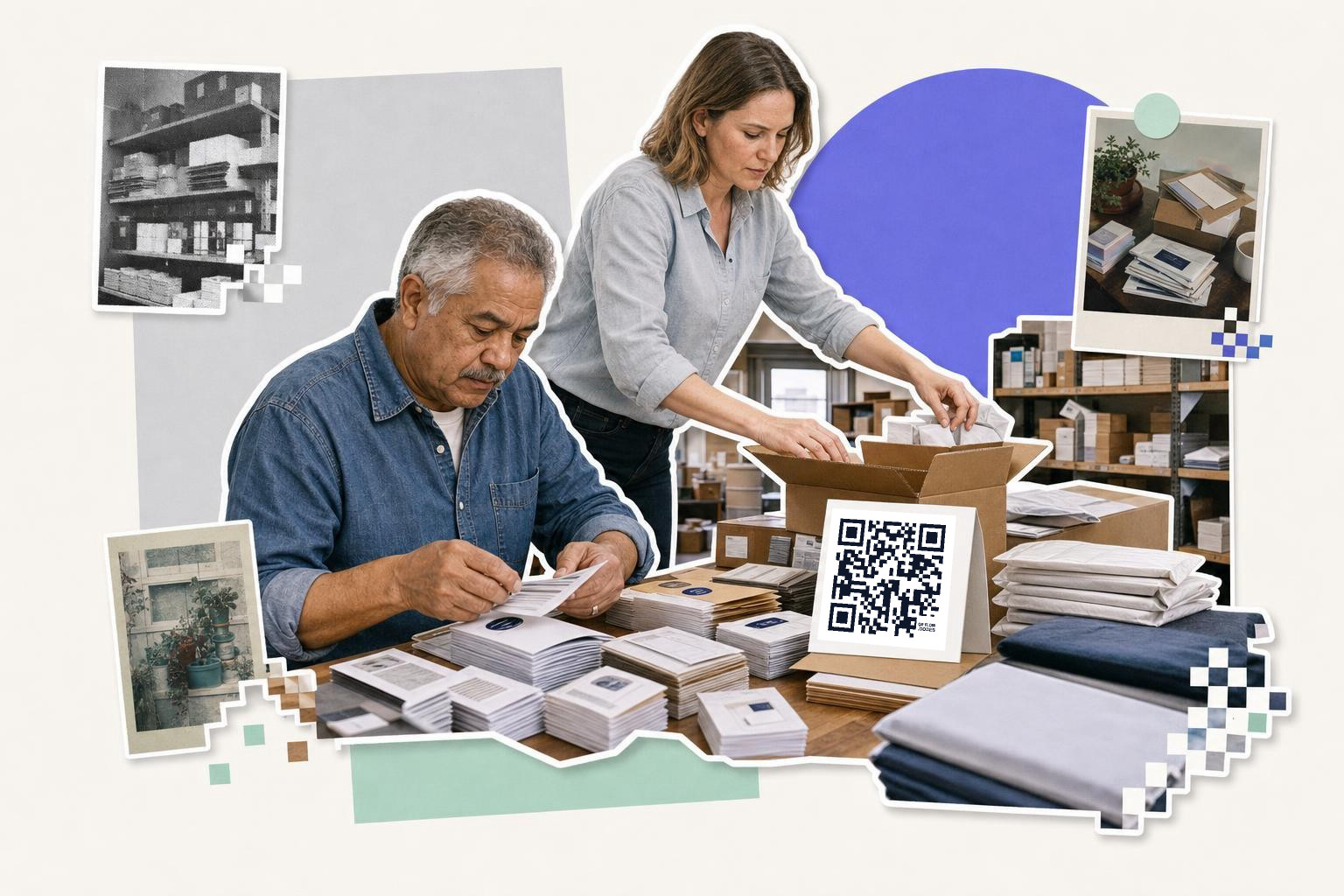 Two people packing envelopes with a QR code card labeled 'bulk QR code generator' on a table.