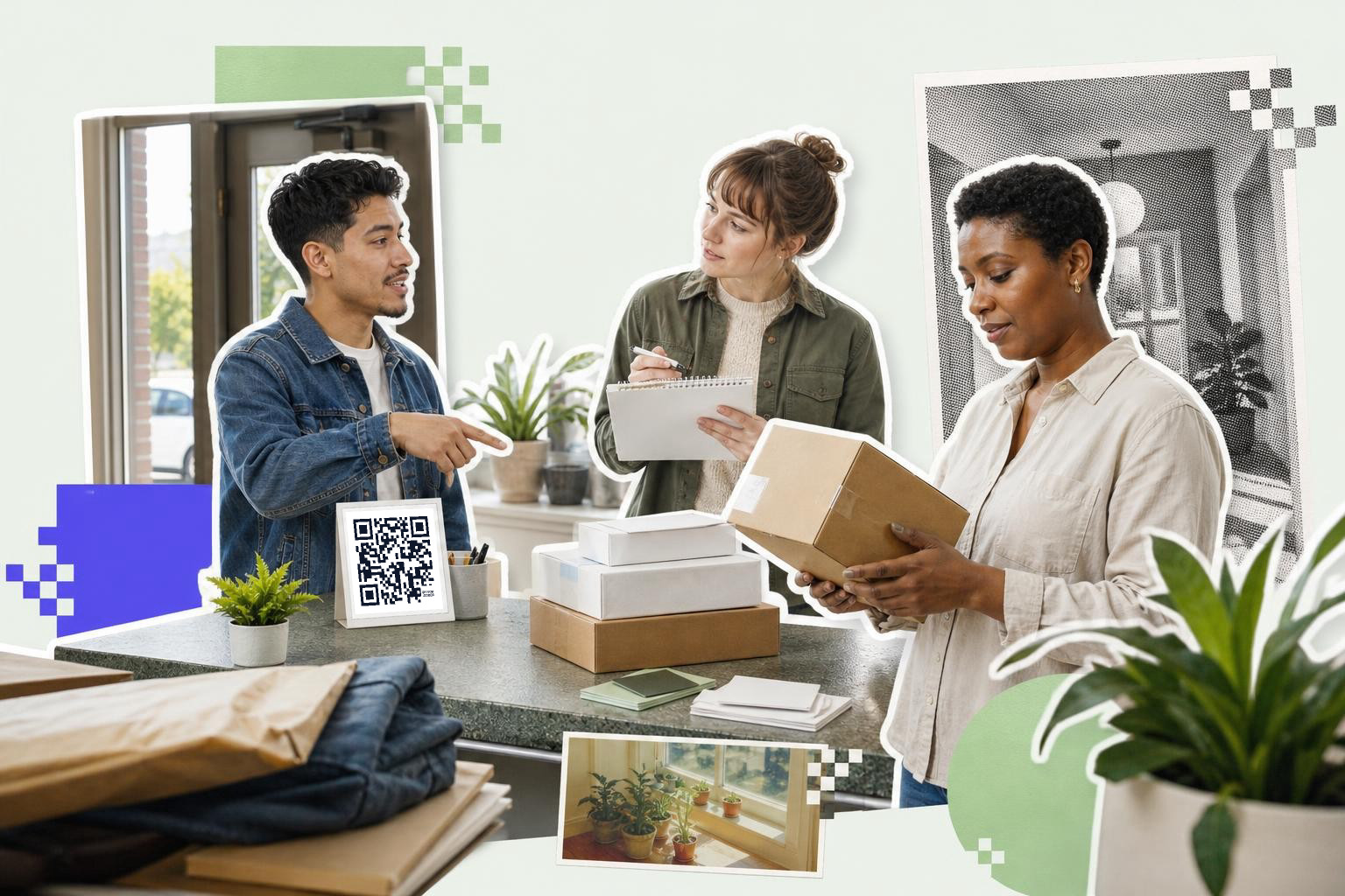 Three people in a bright room discussing packages, one holding a box, another taking notes, with a QR code on a card.