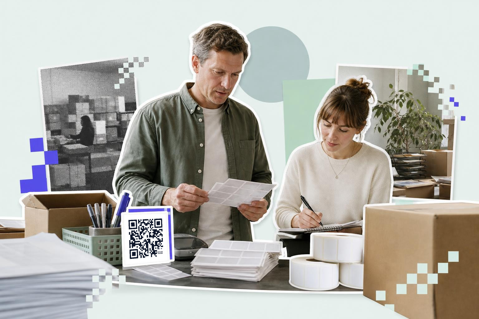 A man and a woman are reviewing printed sheets with a QR code in an office filled with boxes and supplies.