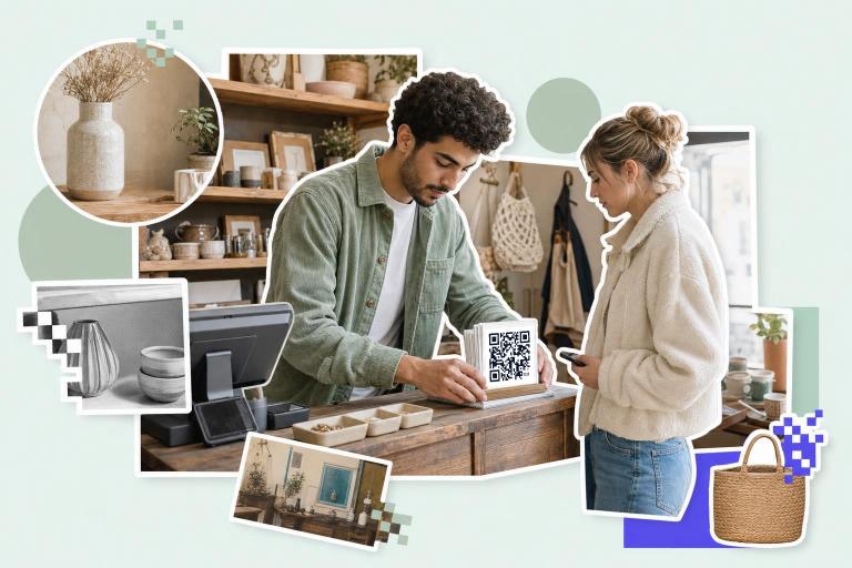 Man at counter shows QR code card to woman in cozy shop setting with decor items displayed., how to get a qr code for fa